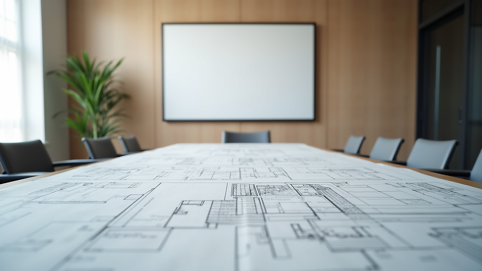 Eye-level view of a modern conference room with architectural plans on the table