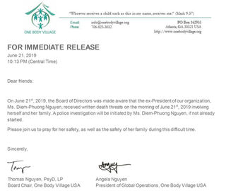 FOR IMMEDIATE RELEASE FROM OUR PARTNER ORGANIZATION, ONE BODY VILLAGE USA