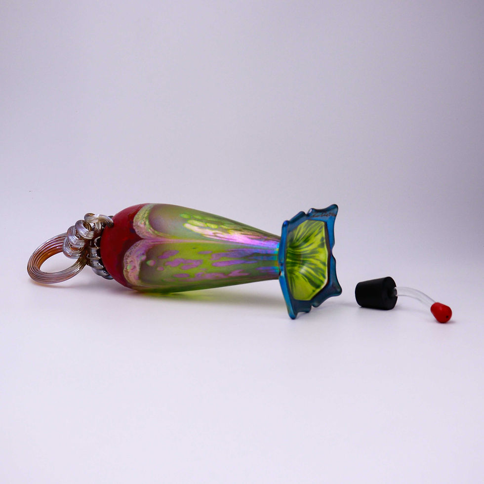 Thumbnail: Scarlet Top Lime Silver Feathered Glass Hummingbird Feeder