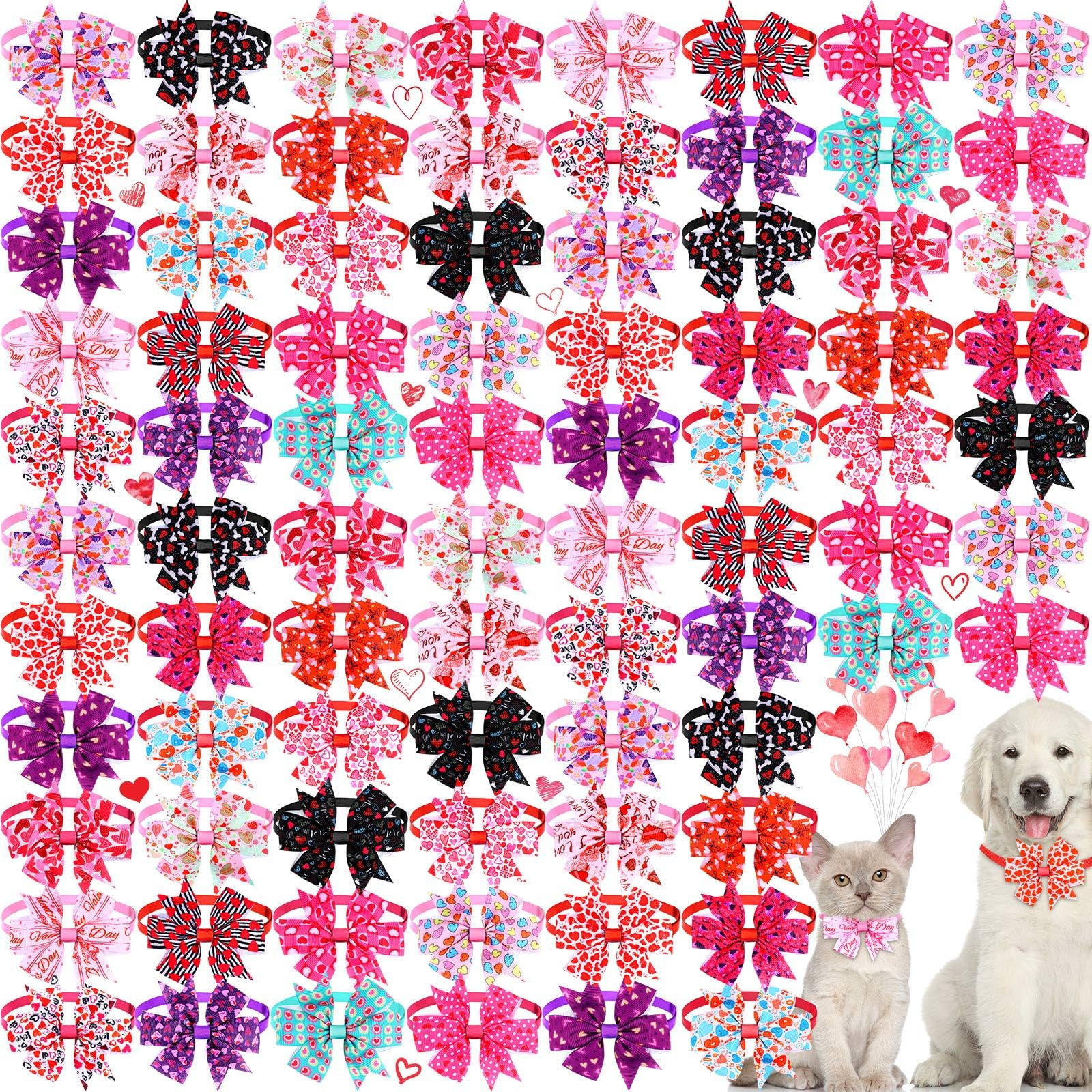 Maitys 80 Pcs Valentines Day Dog Bows for Dogs Valentine Dog Bow Tie Collars Pin
