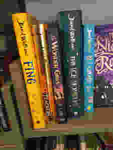 picture of The Wonder Girls on bookshop shelf with books by David Walliams