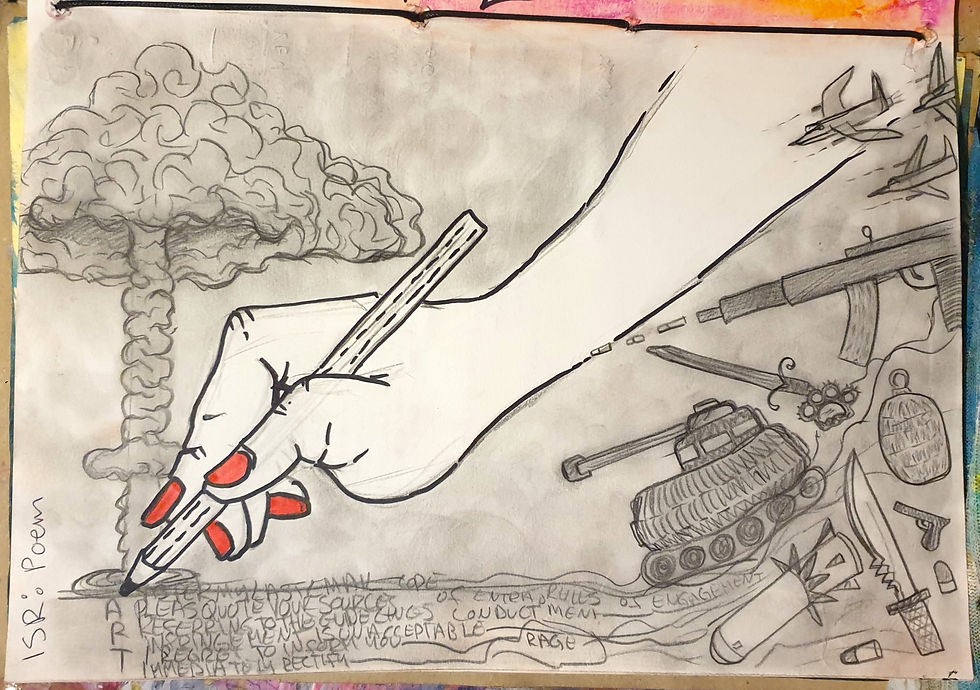 "Even my pen hand filters armed rage" Kat Coppock, graphite pencil and permanent texta on paper, 2024
