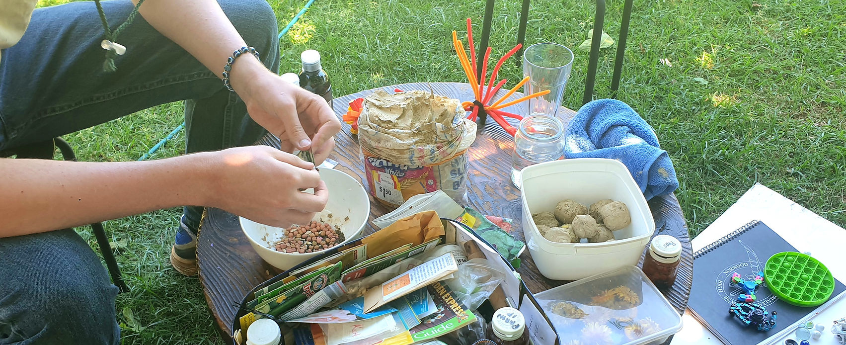 A table on the grass, with a box of seeds, and some wet clay. Hands are making balls of the clay with seeds in them.