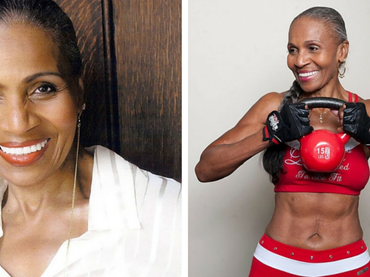 Woman on the left in a white shirt. Same woman on the right holding a kettlebell and wearing workout gear