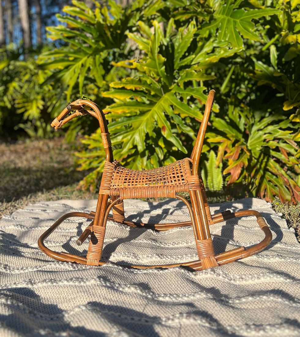 Wicker rocking horse rental in Jacksonville, FL for baby showers, first birthdays, and boho event de