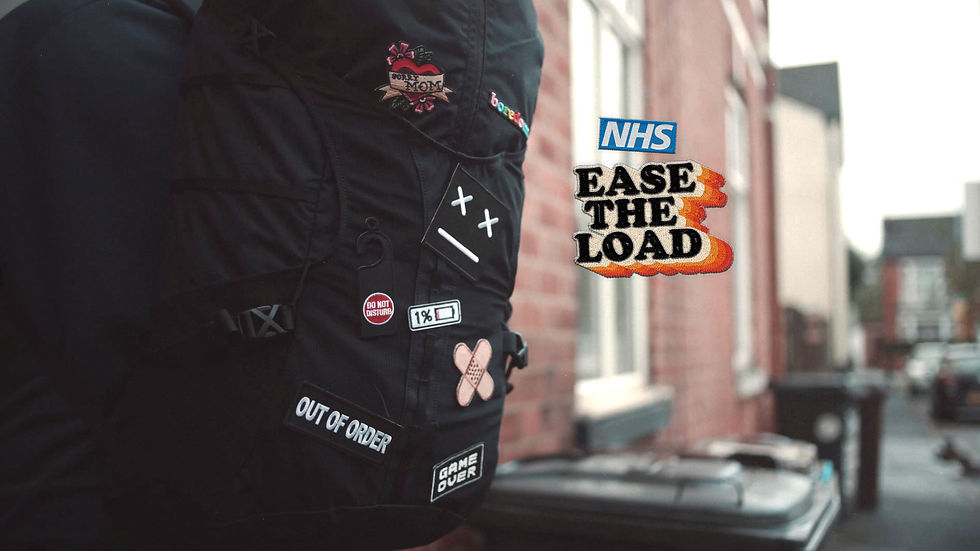 Photograph of a black rucksack covered in woven patches, that symbolise how a person is feeling whos struggiling with Mental Health issues. NHS Ease the Load campaign, mental health awarness image. A digital campaign, tells the stories of ordinary people carrying a literal burden around with them. Concept creation, art direction, visual language, press ad and social assets, creative campaign ideation, digital design solutions.