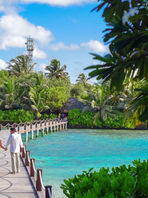 Couple walking on wooden bridge in a Mexico honeymoon