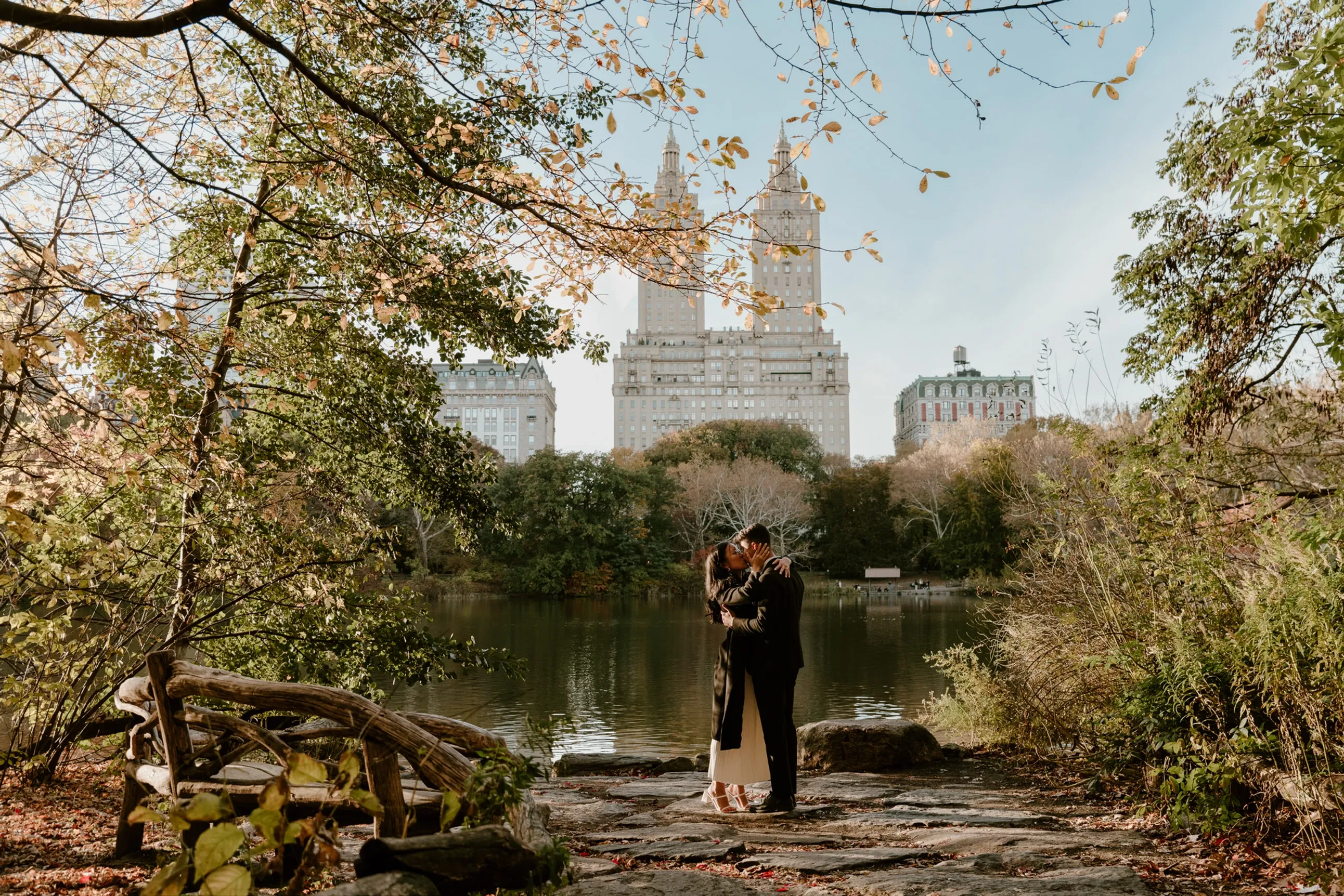bow bridge central park fall engagement photos moody romantic photographer NYC