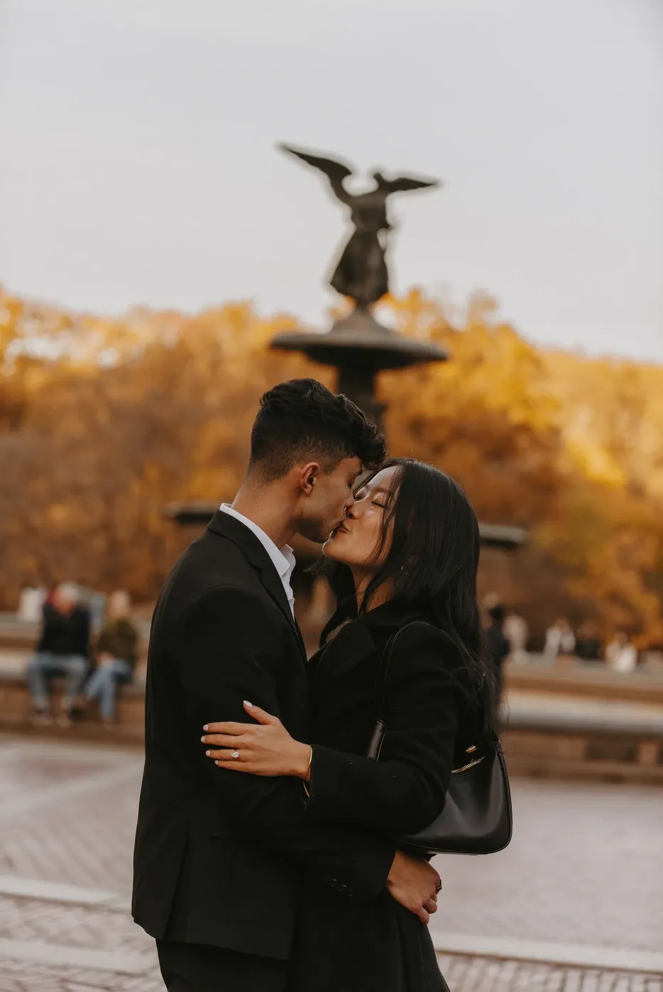 bow bridge central park fall engagement photos moody romantic photographer NYC