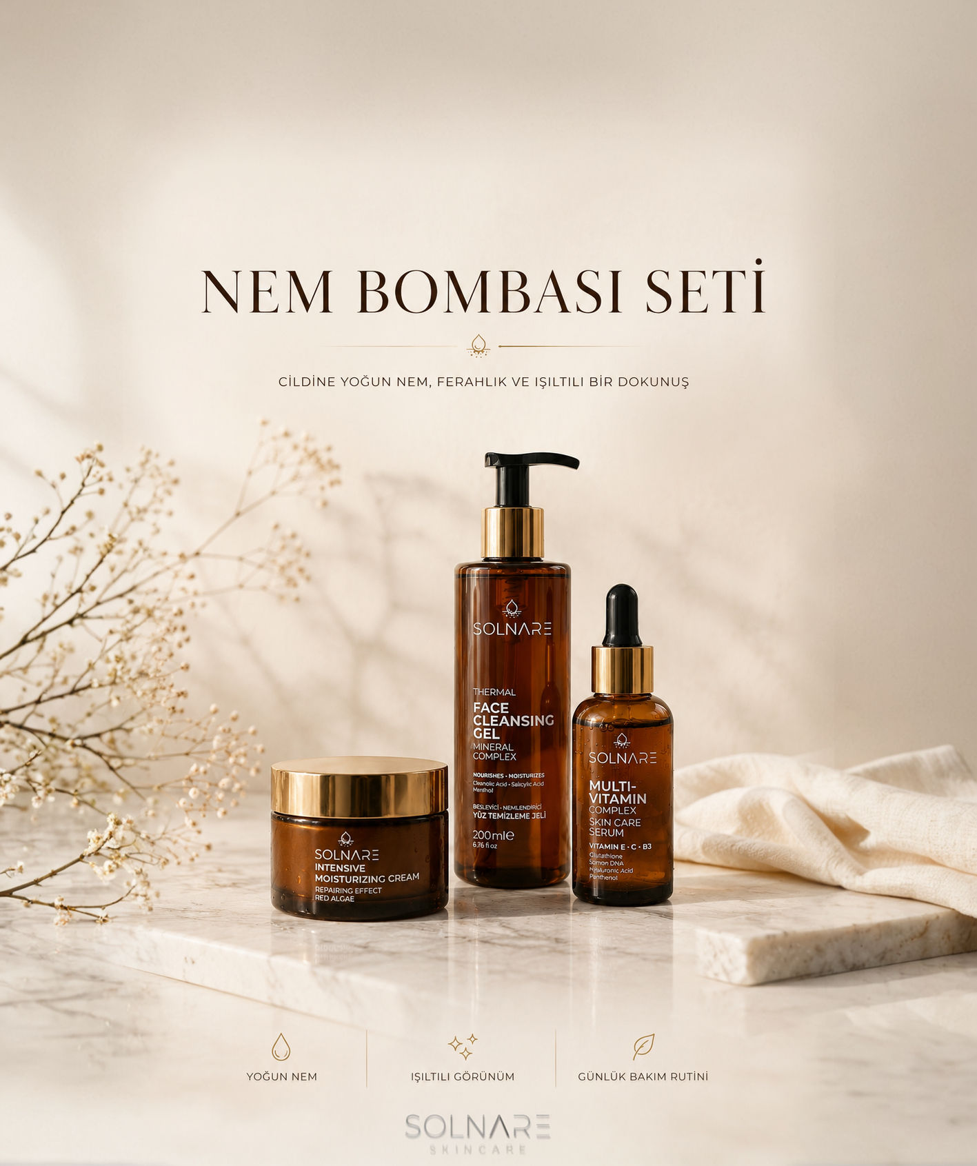 solnare nem bombası seti radiance serum nemlendirici krem ve yüz yıkama jeli bir arada