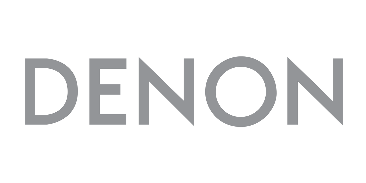 DENON logo in a grey font on a white background, ZECURA brand.