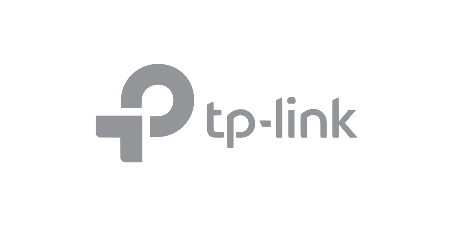 TP-Link logo in grey color on white background; network equipment branding.