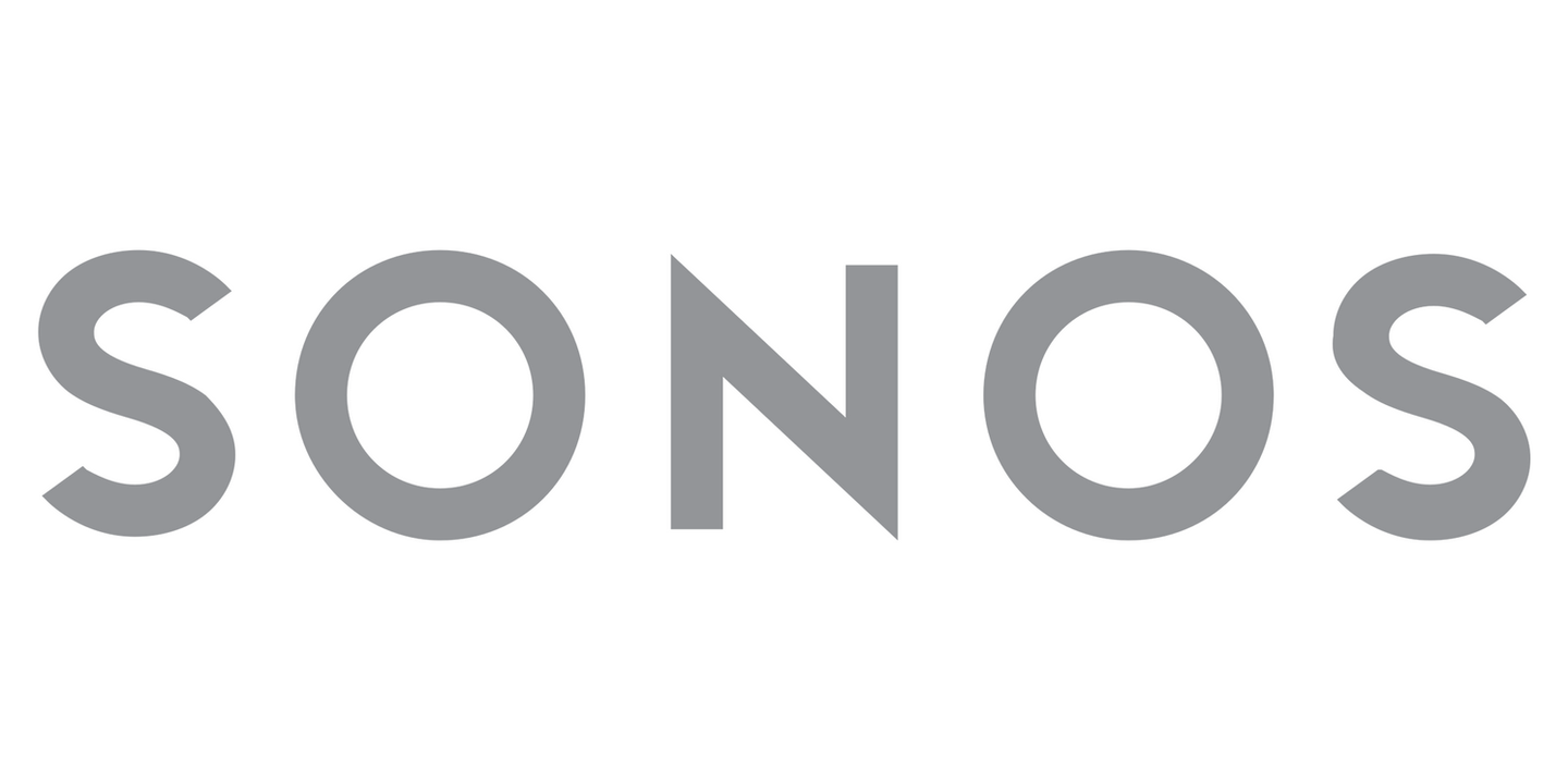 Sonos logo in gray. The text reads Sonos. Home audio system brand.