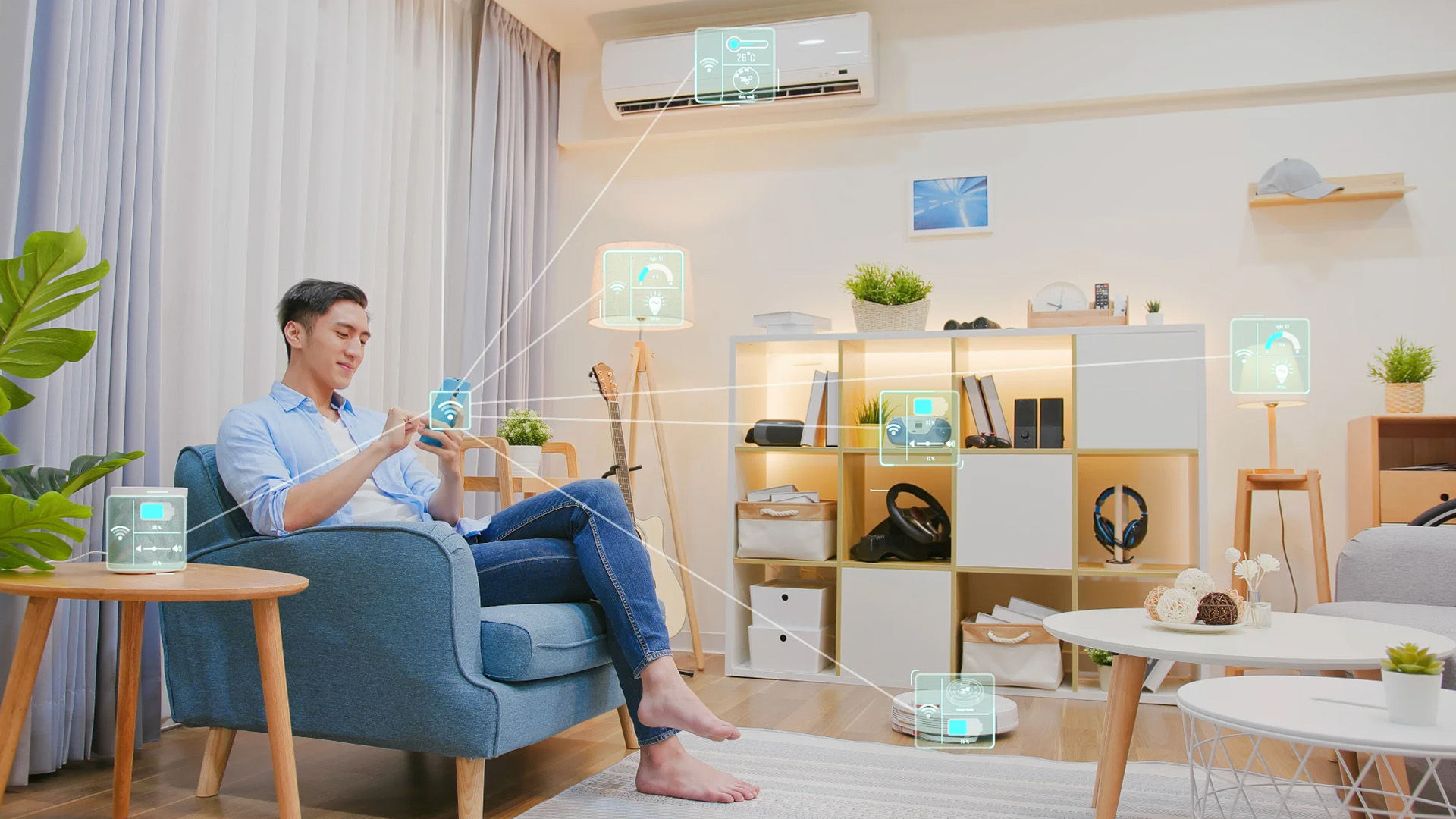 Man controlling home appliances using smart technology in a modern house.