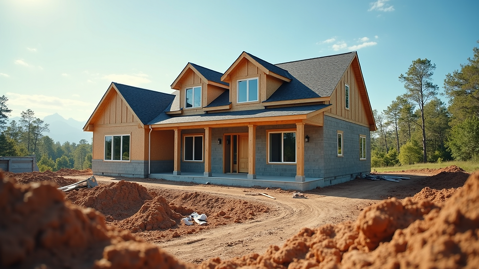 Eye-level view of a construction site with a partially built custom home