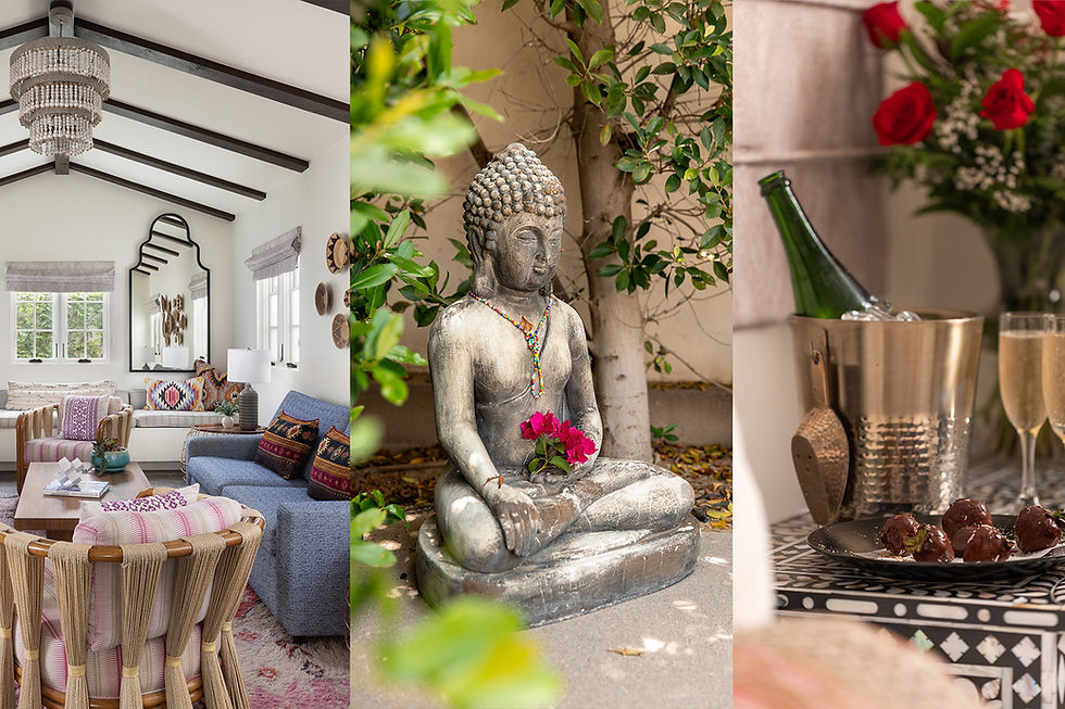 Three-panel collage: cozy boho living room, flower-adorned Buddha statue, and champagne with chocolates on a decorated table. Three ways to winter at La Serena.