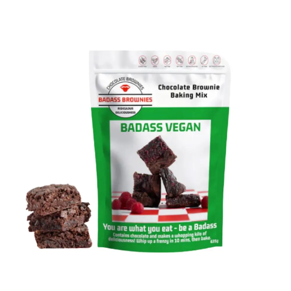 A pack of Badass Brownie vegan baking mix with a brownie next to it