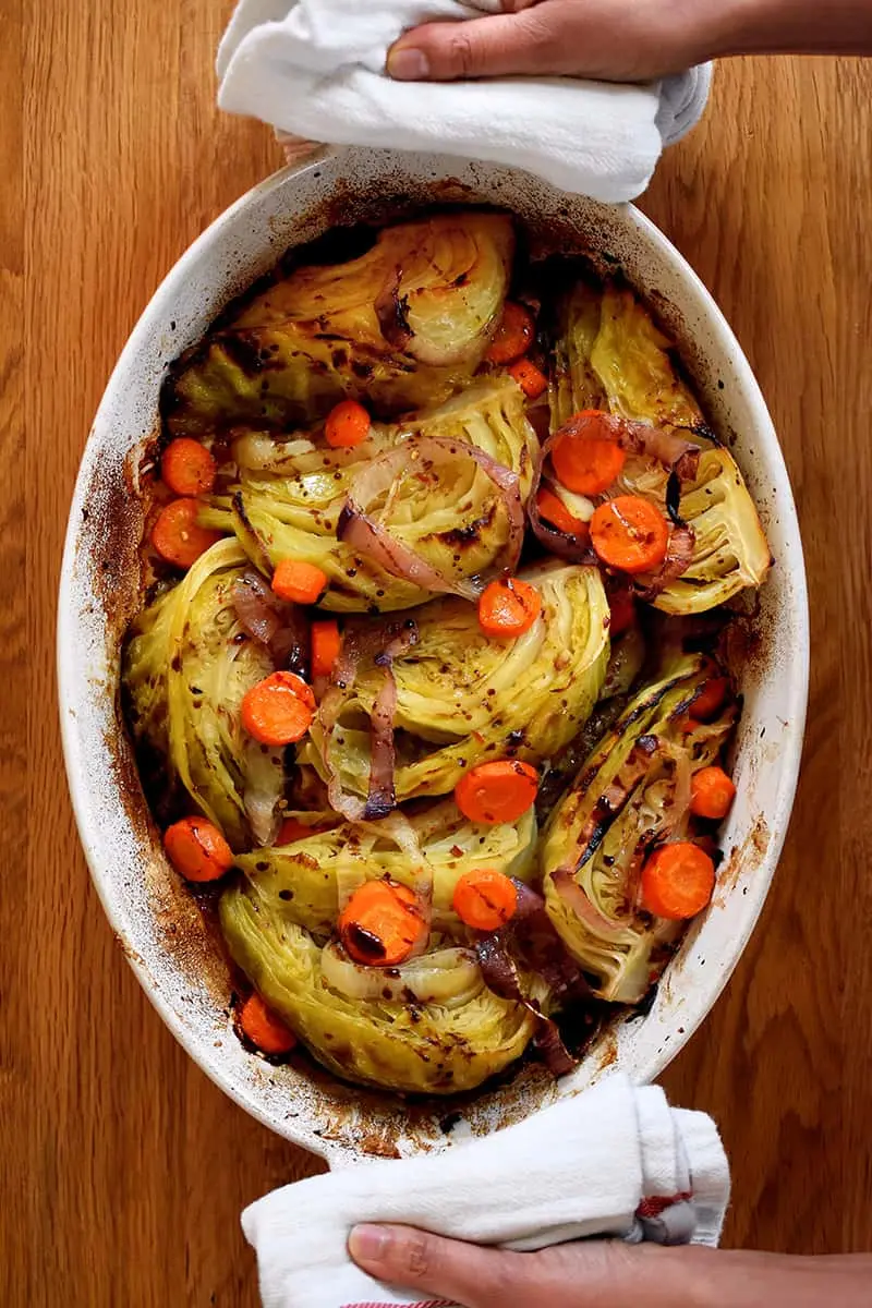Braised cabbage wedges fresh from the oven