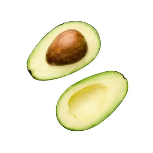 A cut open avocado showing the pit.