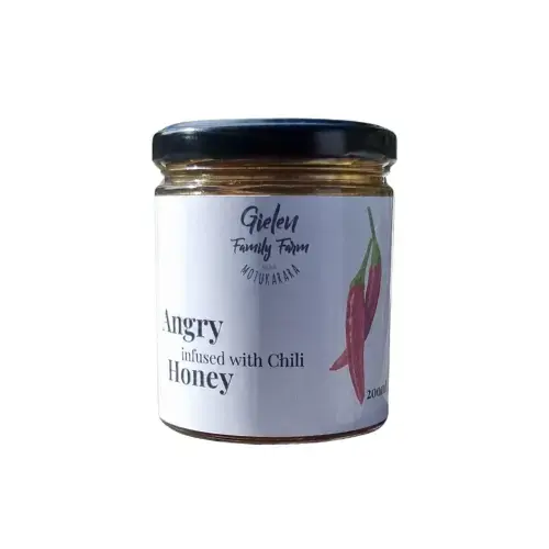 A jar of exciting Angry Honey - a chili infused honey for a sweet and spicy hit.