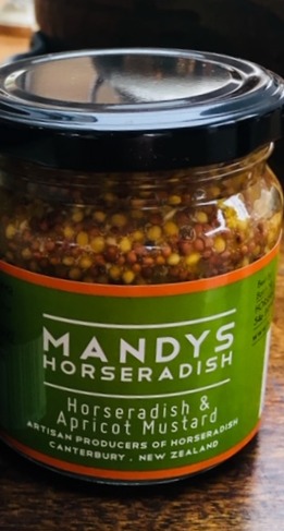 A glass jar of Mandys Horseradish & Apricot Mustard