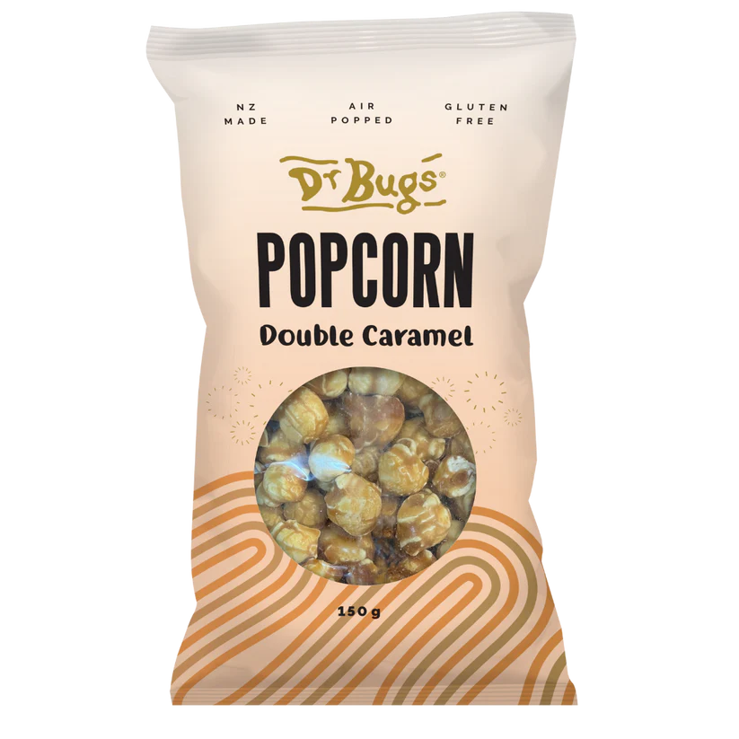 A bag of Dr Bugs Double Caramel Popcorn