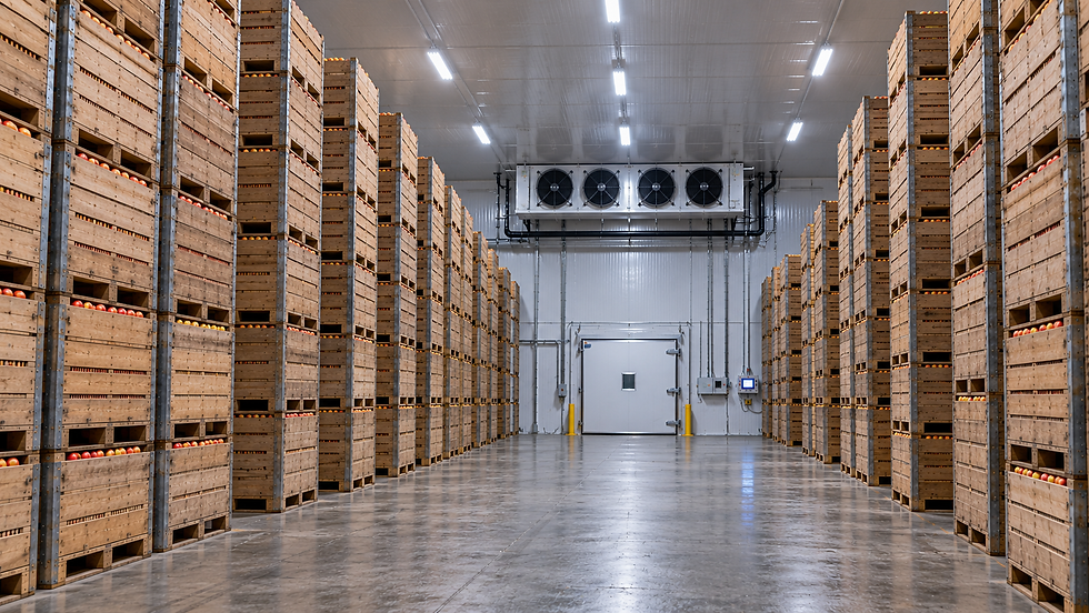 A Controlled Atmosphere storage area with wooden crates stacked high