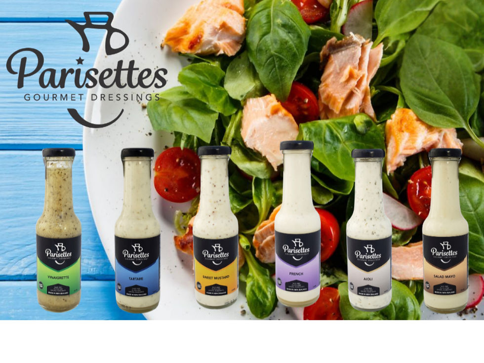 Parisettes Gourmet Dressings bottles displayed with a fresh salad.