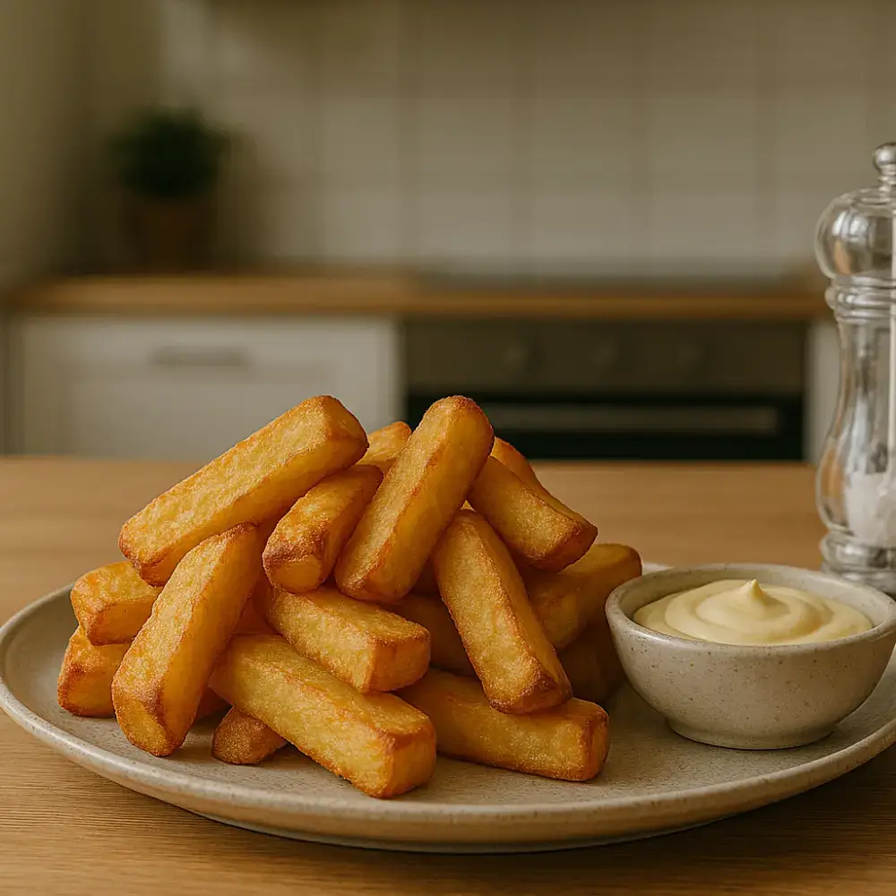 A plate of freshly cooked hot chips with a bowl of aioli and a salt grinder