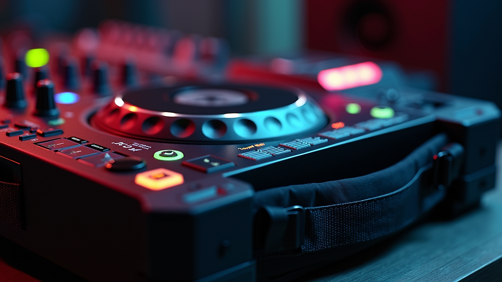 Close-up view of a padded DJ booth bag with multiple compartments