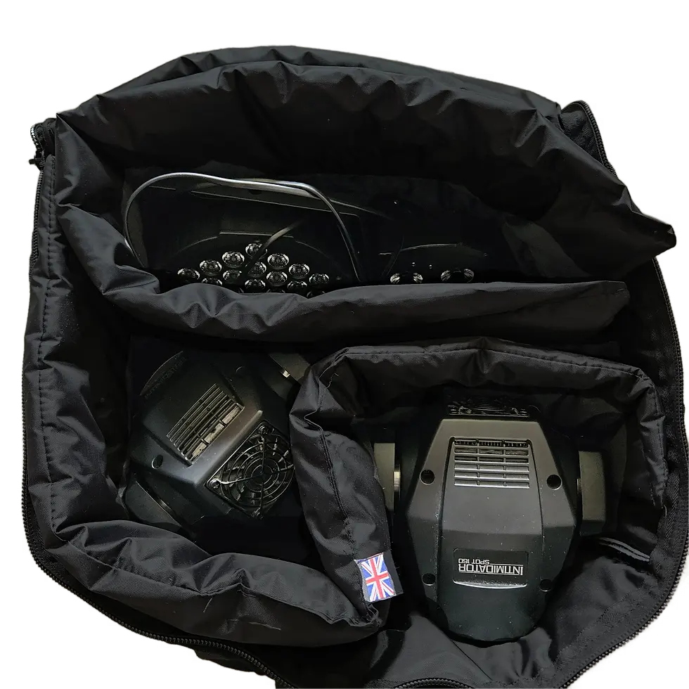 Top shot of DJ Lighting Bag showing 2 x Moving Heads and 2 X ADJ Tri Pars