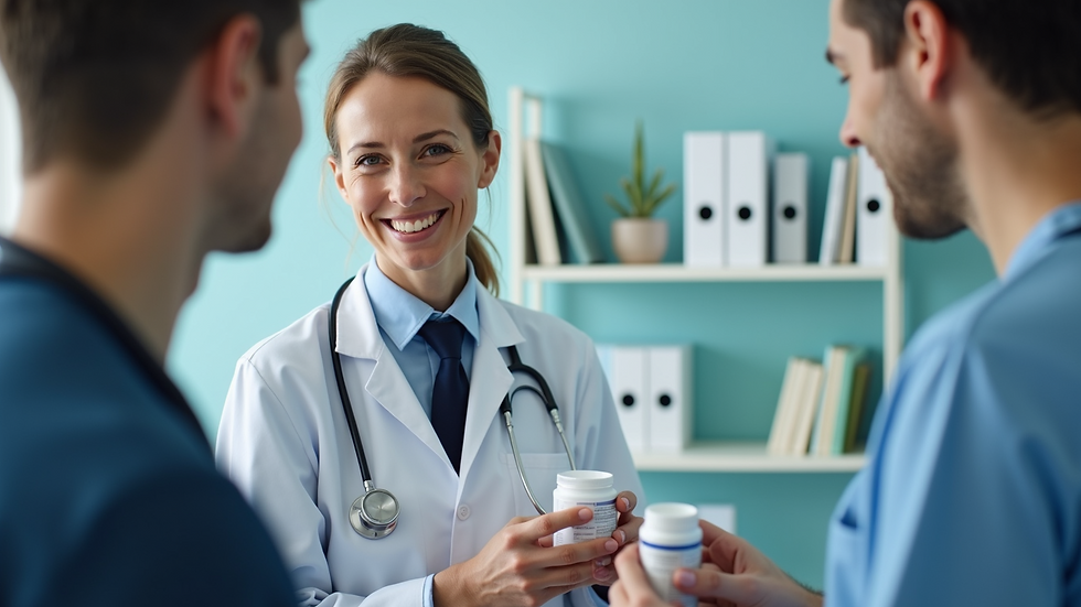 Eye-level view of a healthcare professional discussing medication options with a patient