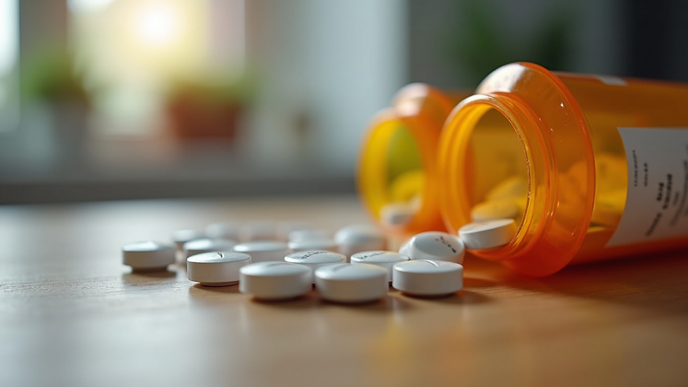 Close-up view of prescription medication bottles on a wooden table