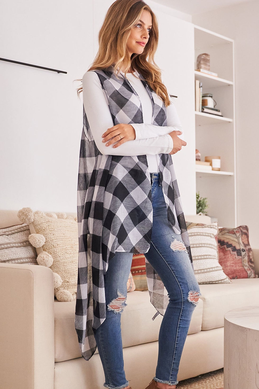 Thumbnail: Hdf2567 - Plaid Knee Length Kimono Cardigan