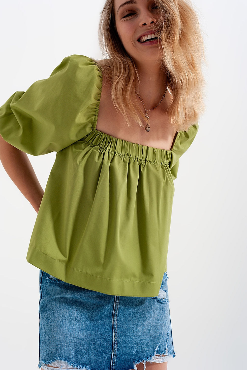 Thumbnail: Poplin Balloon Sleeve Top in Green