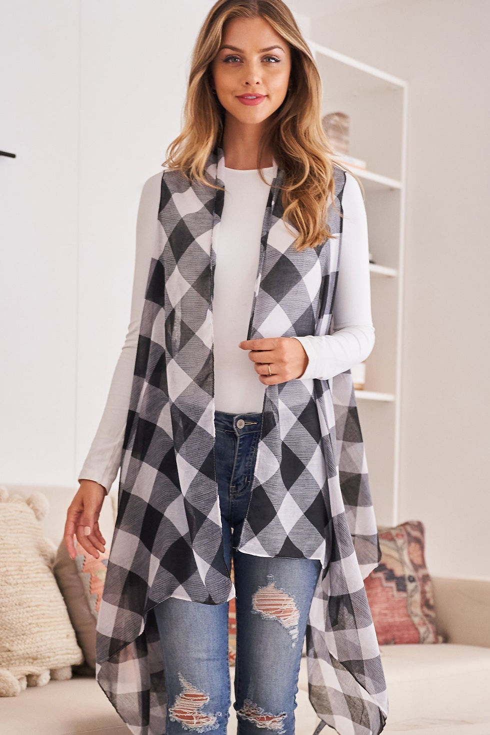 Thumbnail: Hdf2567 - Plaid Knee Length Kimono Cardigan