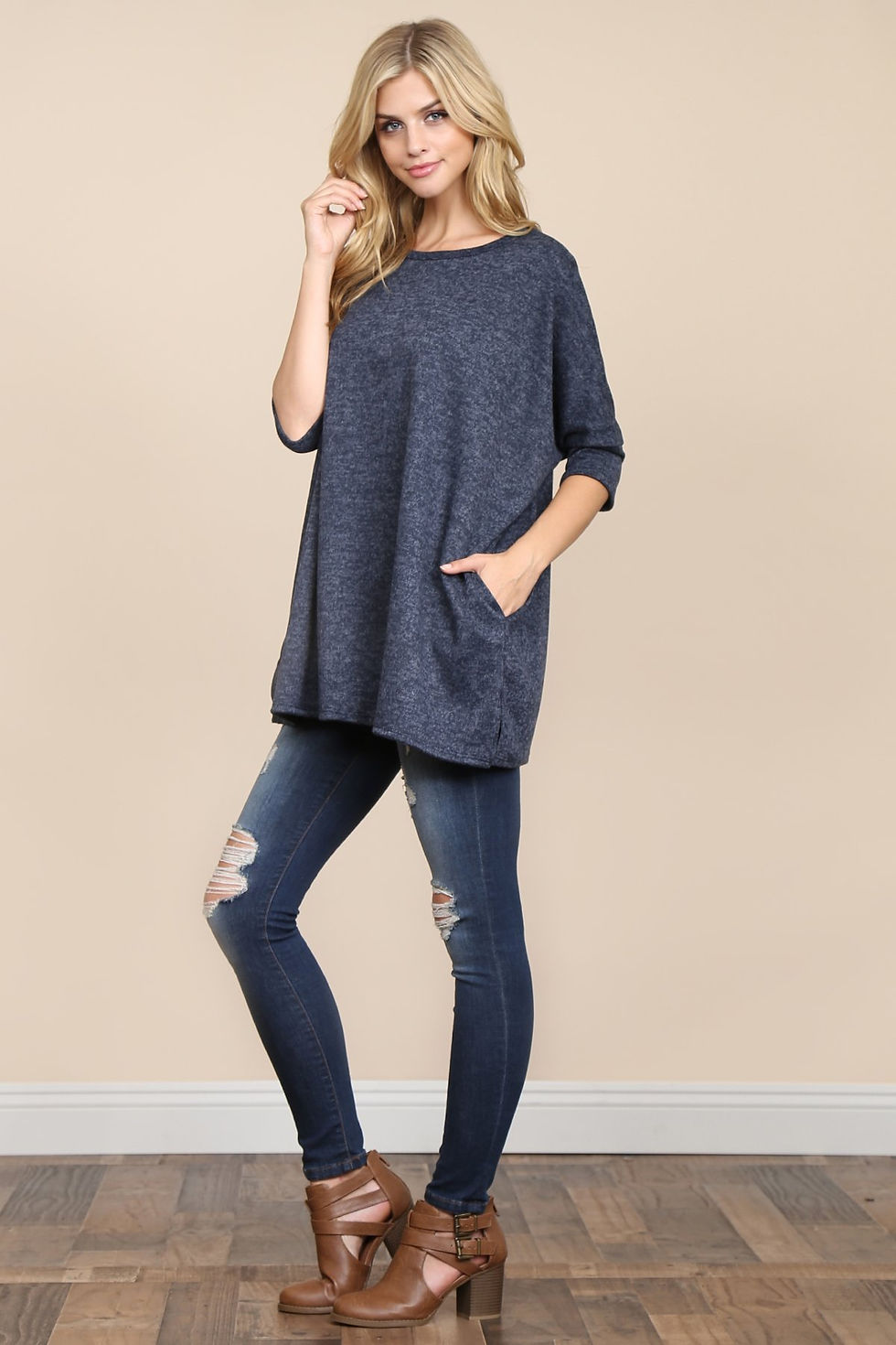 Thumbnail: Two Tone Hacci Oversized Dropped Shoulder Pocket Tunic