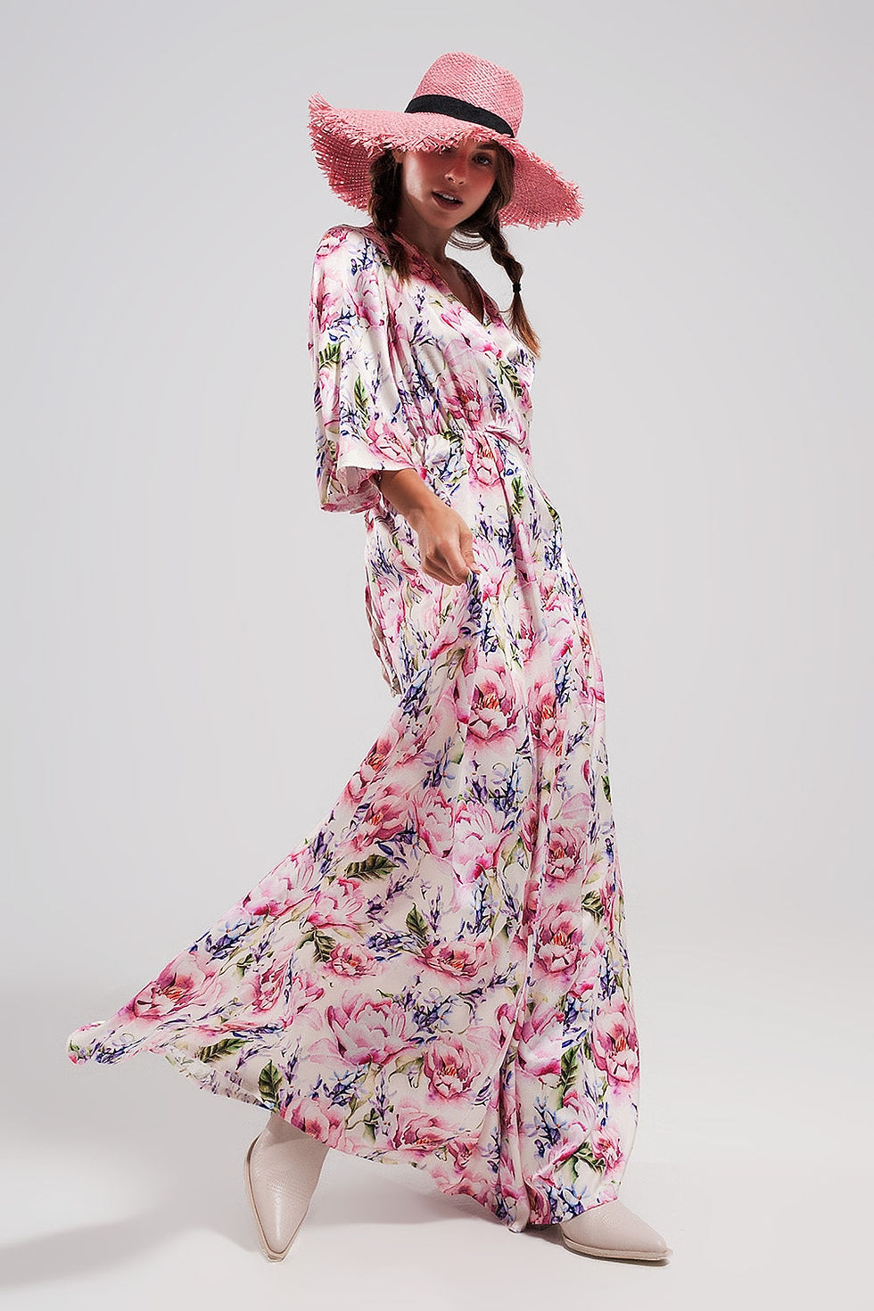 Thumbnail: Flutter Sleeve Maxi Dress in Pink Floral Print