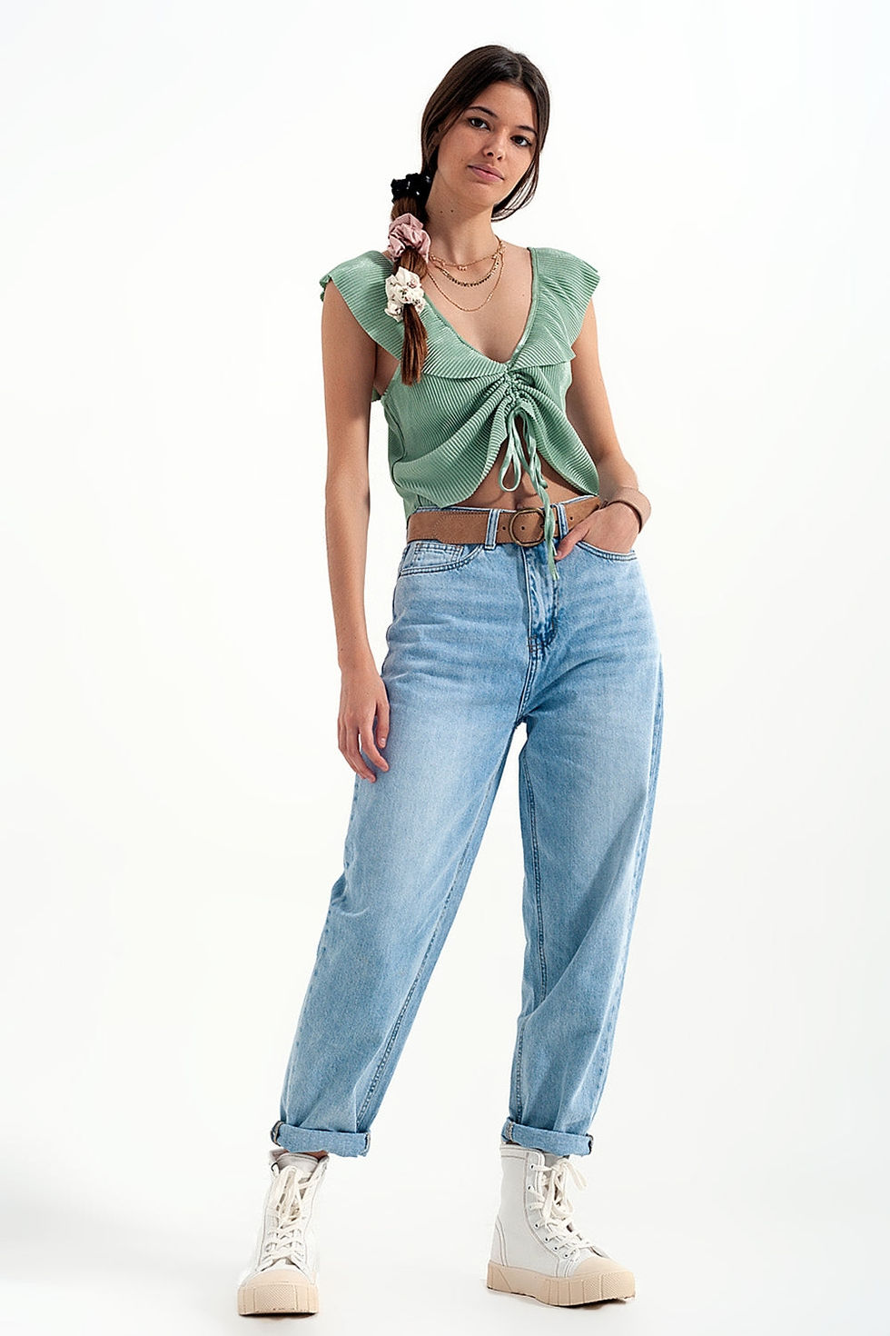 Thumbnail: Tie Front Shirred Detail Volume Sleeve Crop Top in Green
