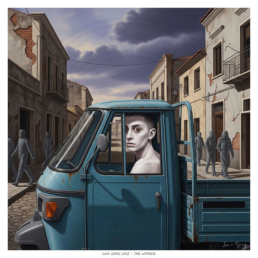 A surrealist digital painting depicting a person with pale skin and large, staring eyes looking out from the passenger window of a rustic, blue three-wheeled truck. The setting is a narrow, old European street with decaying buildings under a dark, cloudy sky. In the background, several grey, mannequin-like figures walk down the street, their forms indistinct and lifeless.