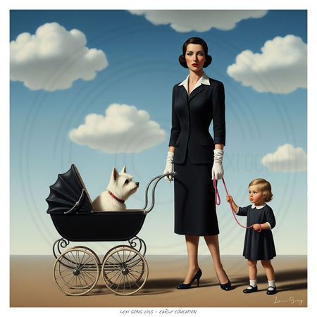A surrealist digital painting of a stern woman in a black suit standing in a barren landscape under a cloudy blue sky. She pushes a vintage pram with a white dog in it. Beside her, a small child in a dark dress holds a pink leash that is not attached to anything.
