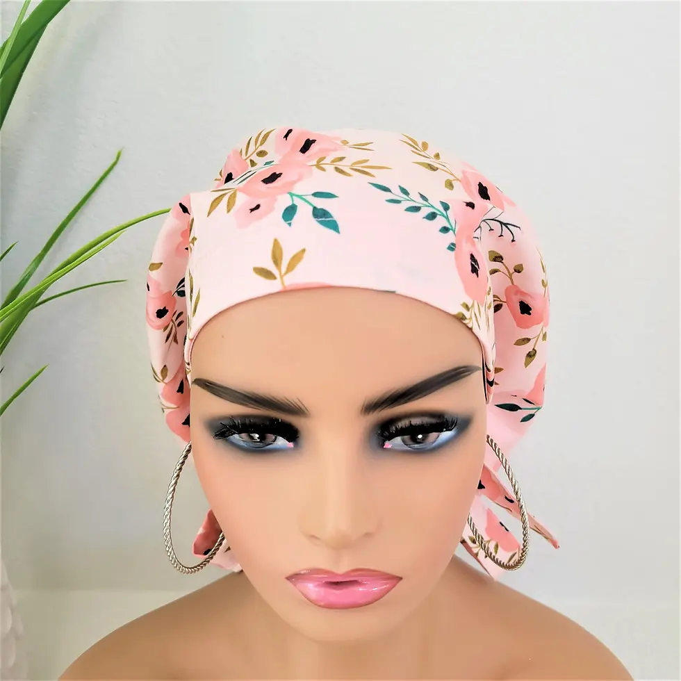 Thumbnail: Pink Floral Protect Hair w/Satin Lined Ponytail Scrub Cap. Button & Size Options