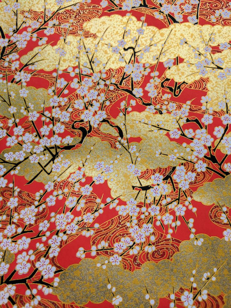 White Plum Blossoms on Gold #10 Chiyogami Full Sheet (18 x 24 inch)