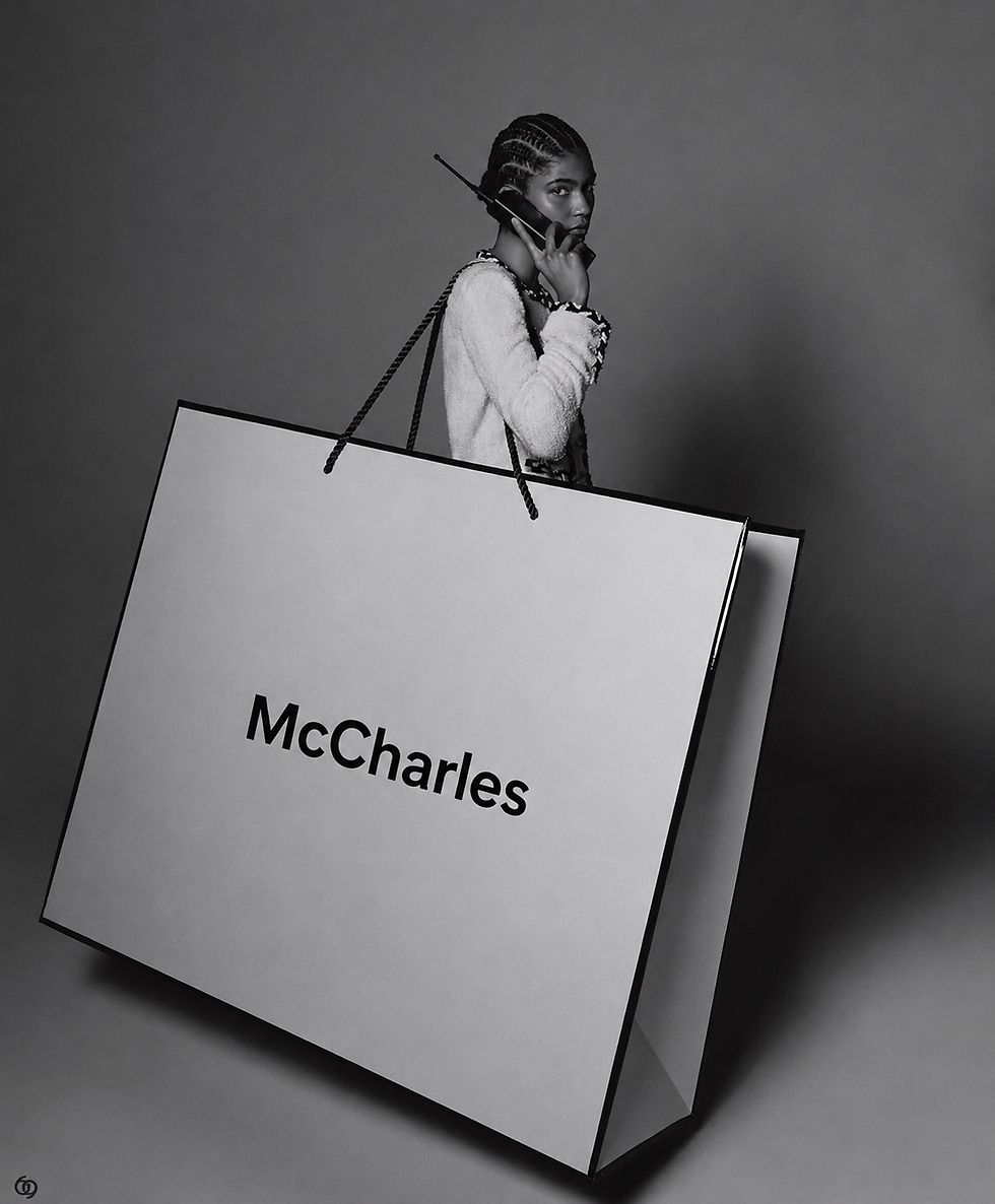 Woman peeking from large McCharles shopping bag, holding phone