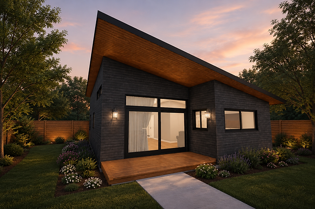 Black backyard home with slanted roof at pink hour.