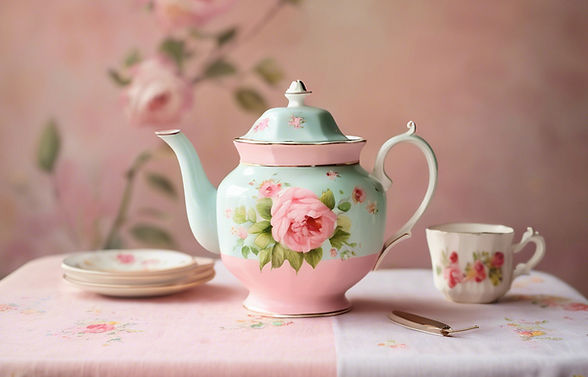 painted tea pot on a square vintage table with vintage floral table cloth.jpg