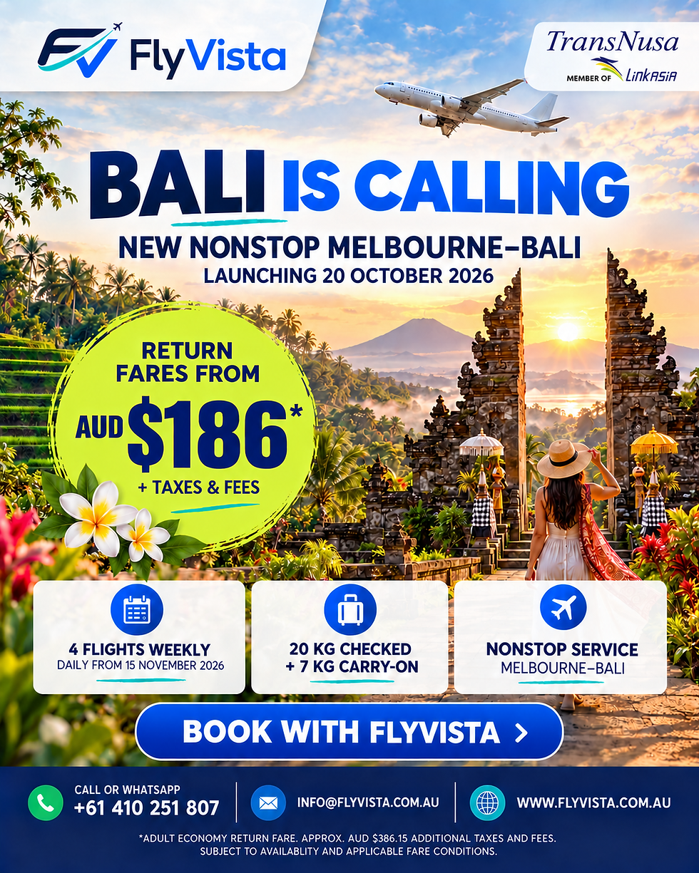 FlyVista nonstop Melbourne to Bali travel sale benefit card