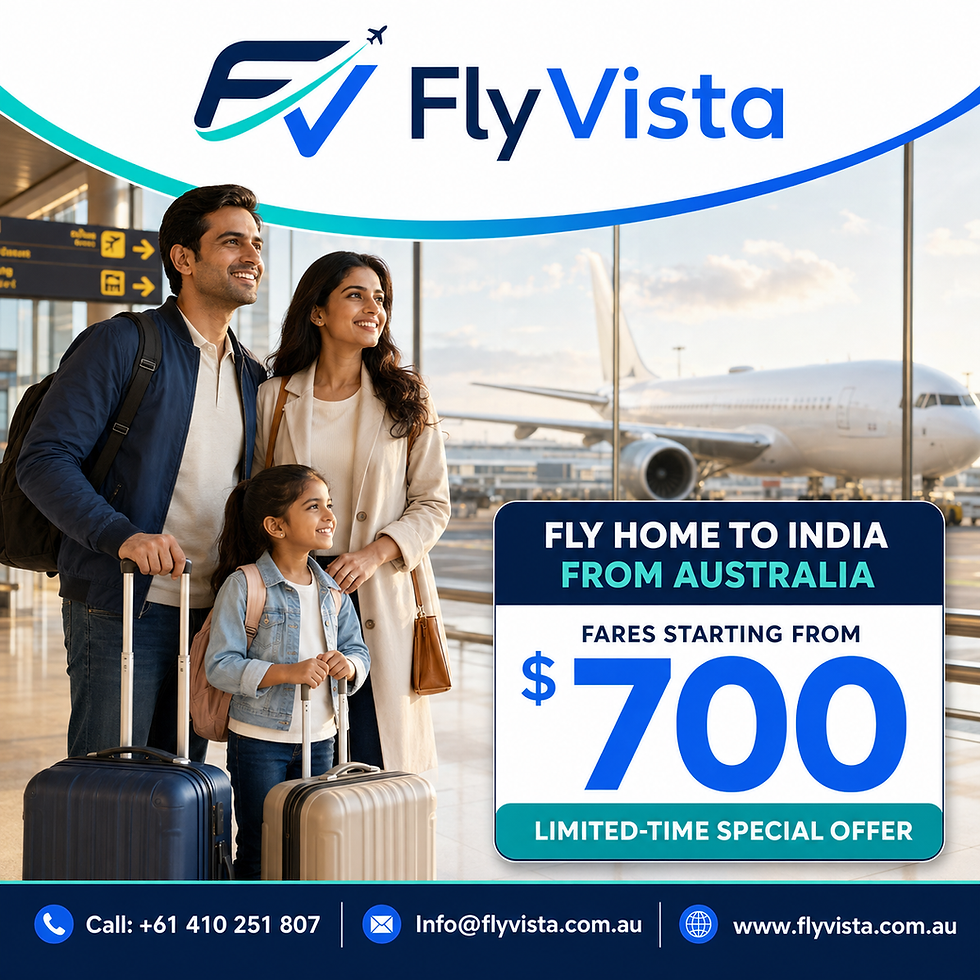 Smiling Indian family at the airport with FlyVista branding