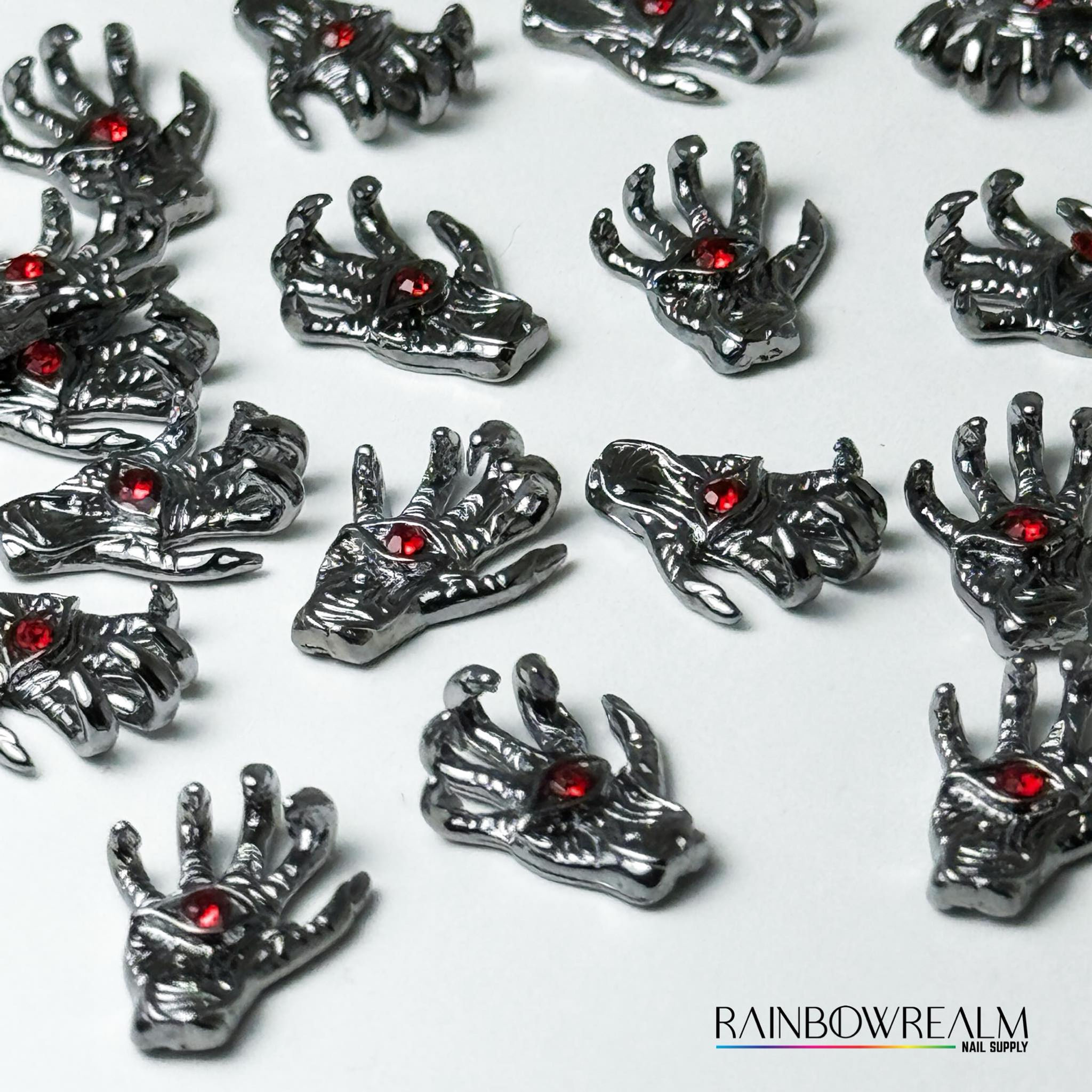 Evil Eye Hand Charms Pewter with Red Crystals