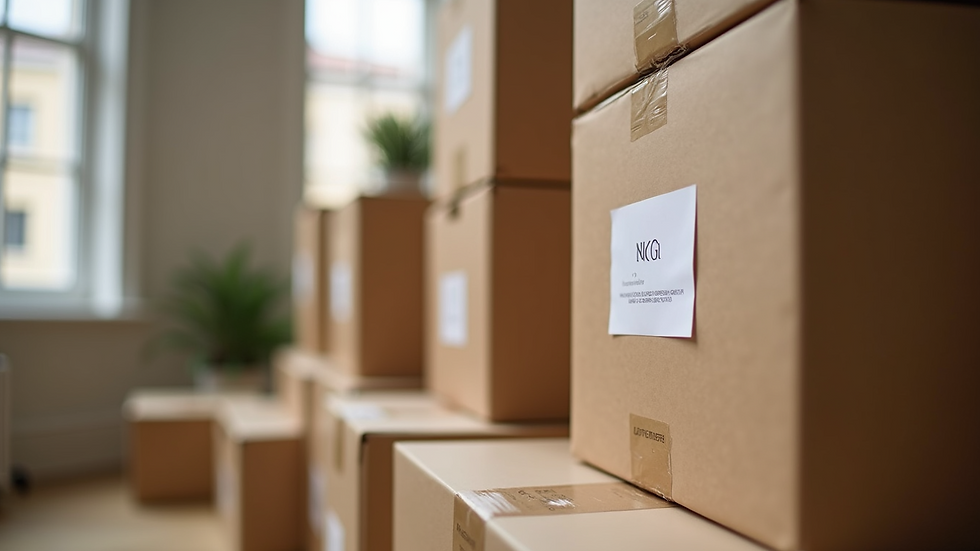 Close-up view of neatly packed moving boxes with labels